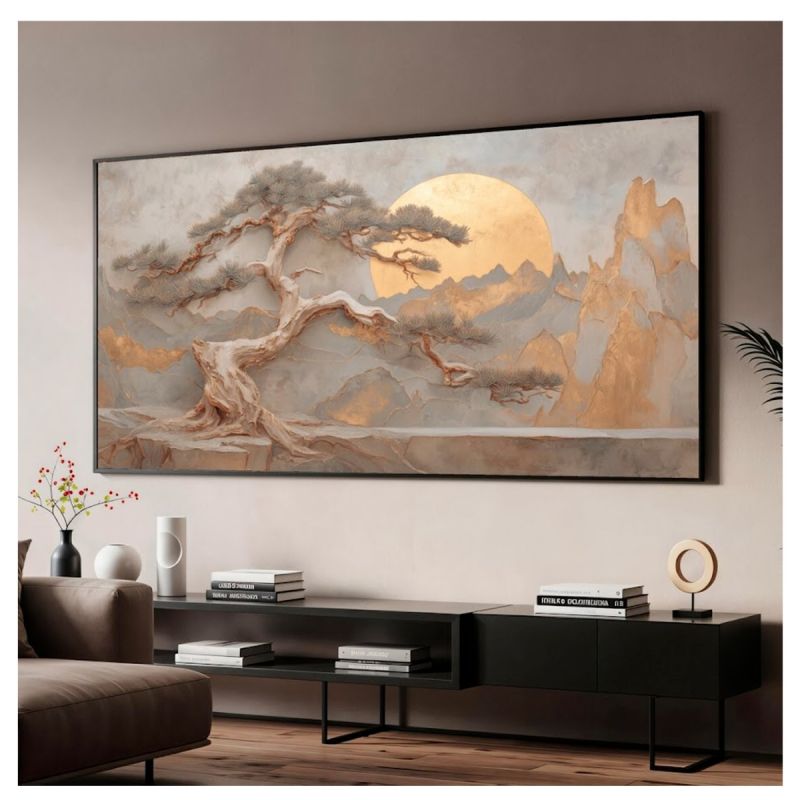 Tableau décoratif – Paysage et Soleil – Toile imprimée effet 3D – Cadre en bois massif