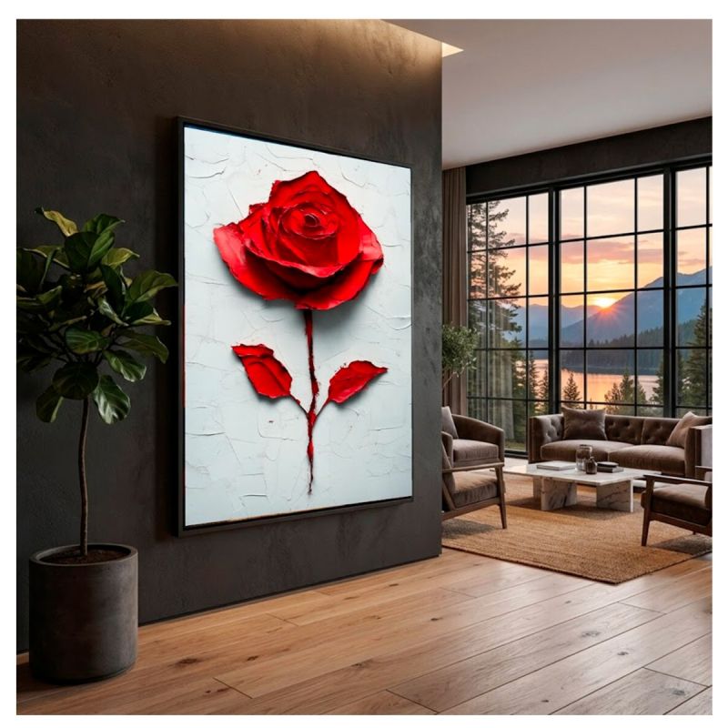 Tableau décoratif – Rose Rouge Audacieuse – Toile imprimée effet 3D – Cadre en bois massif