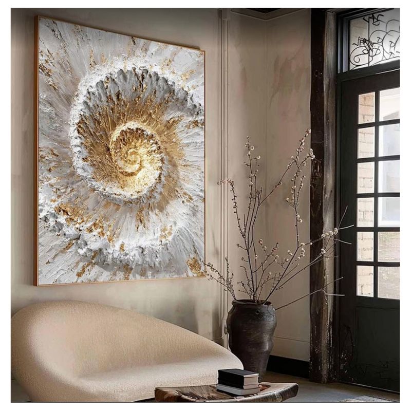 Tableau décoratif mural - Art Galaxie Spirale Abstrait - Toile Peinture Relief 3D Texturée Or et Blanc Multicolore