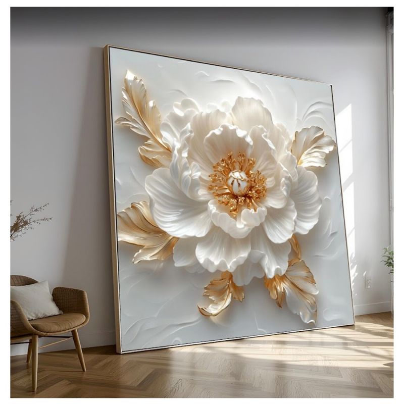 Tableau décoratif mural - Art Mural Floral Blanc et Or Élégant - Toile Fleur Abstraite Relief 3D Multicolore