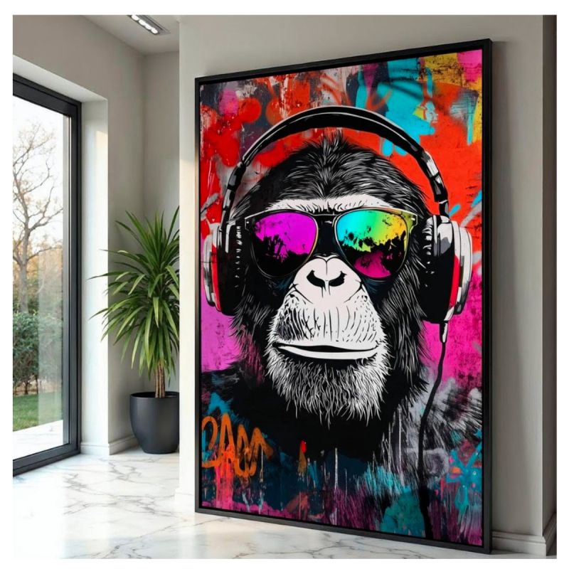 Tableau Décoratif - Singe Cool avec Casque et Lunettes de Soleil - Style Street Art Pop Art - Multicolore