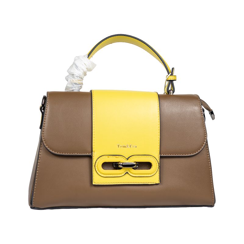 Tom&Eva - Sac à main femme avec Languette - Bicolore (taupe/jaune) - Similicuir, fermeture tourniquet et zip