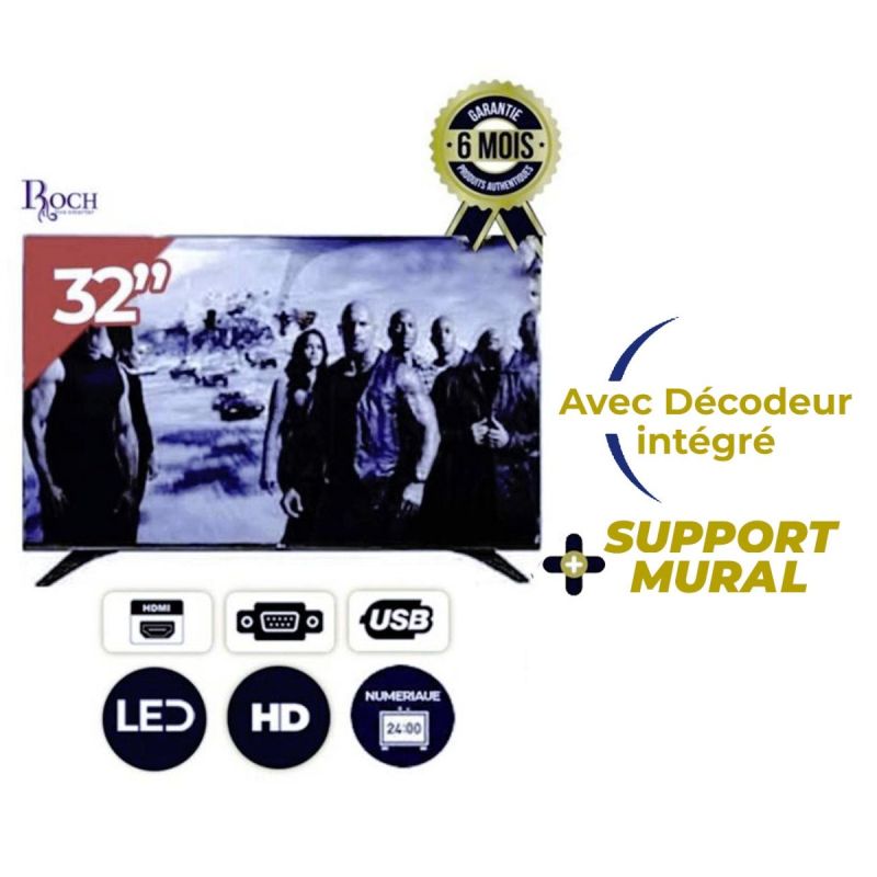 TV Roch 32'' Led - RH-LE32ES - HD + Support Mural et décodeur intégré - Noir - 6 mois de garantie|Gloetlho Cameroun