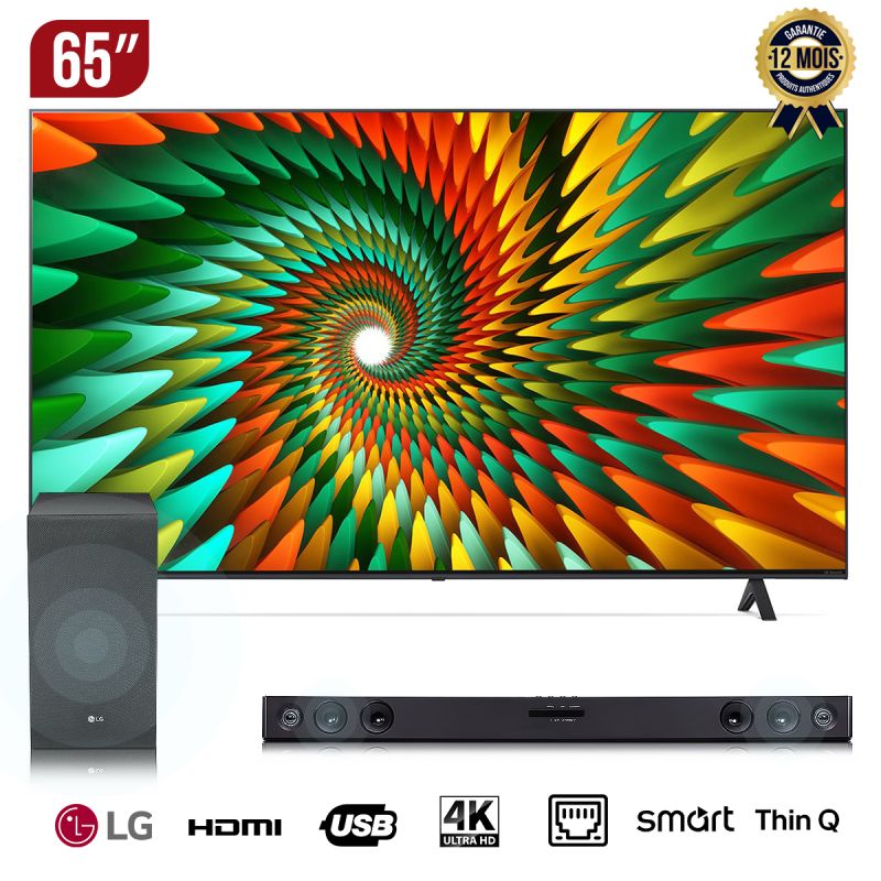 TV Smart LG Nanocell 65'' - 65NANO776RA - WebOS - Version 2023 - Smart AI ThinQ - Magic Remote - AI Sound Pro  + Barre de Son LG - SN5 - Bass Boost - USB - 400 W - Garantie 12 mois