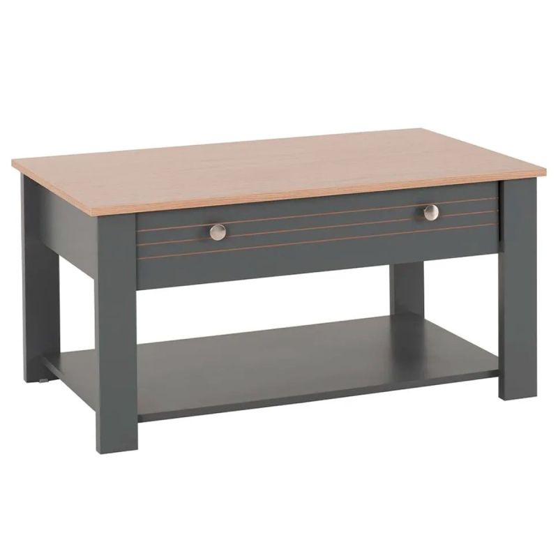 Table Basse rectangulaire Caemmun - Deux tiroirs, Plateau inférieur – Design Rétro Chic – Gris Foncé / Plateau en finition boisée Cordia