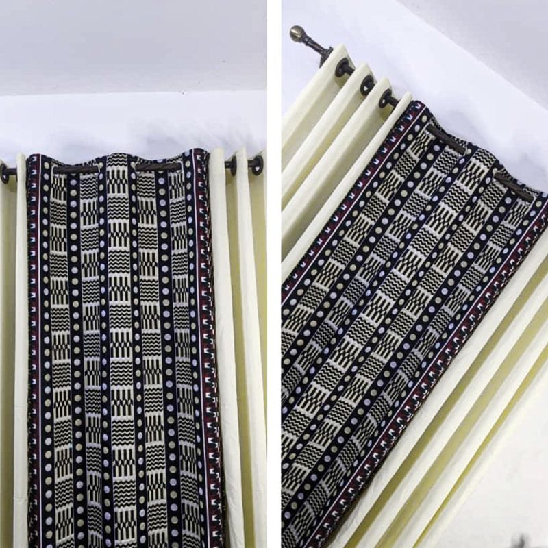 Lot De 2 Rideaux Africain Occultant (Lourd) & Voilage Transparent - Beige/Noir | Glotelho Cameroun