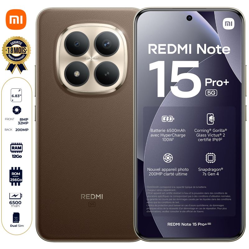 Xiaomi Redmi Note 15 Pro+ 5G - 256 Go - 12 Go RAM - 6,83" - 2 Nano SIM - 200MP + 8MP/ 32MP - 6500mAh - Garantie 18 mois