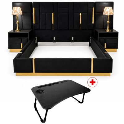 Lit à Panneaux 3 Places en Velours Noir (170x200x50 cm) + Table Pliante pour Ordinateur OFFERTE