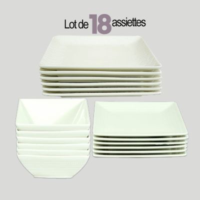 Lot de 18 assiettes en porcelaine Caré - Blanc - 6 bols, 6 grands plats, 6 assiettes dessert - Compatible micro-ondes et lave-vaisselle