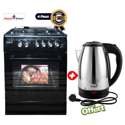 Pack Cuisine SUPER FLAME – Cuisinière à Gaz Standard SFK606040G – 4 Feux – 60 × 60 cm – Toutes Options – Allumage Automatique – Noir + Bouilloire Électrique ICONA LONDON 2 L OFFERTE – Garantie 12 Mois
