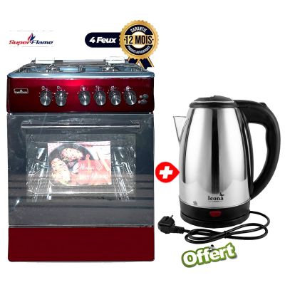 Pack Cuisson - Super Flame & Icona London - Cuisinière à Gaz 4 Foyers Rouge - Four Intégré + Bouilloire Électrique 2L - Garantie 12 mois