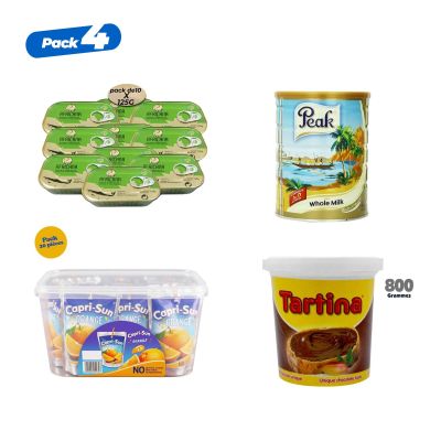 Pack petit-déjeuner spécial de 4 produits (Chocolat Tartina 800g + Lait entier en poudre Peak 900g + Pack de 20 jus de fruits Capri-Sun Orange 200ml + Pack de 10 sardines épicées Africana 125g)