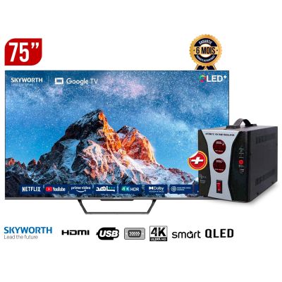 Pack TV Smart - SKYWORTH - 75 Pouces - 75Q6500G - QLED - Google TV - Android TV + Régulateur de tension Numérique ROCH au prix Cameroun