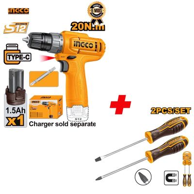 Perceuse sans fil INGCO CDLI12456 12 V 1,3 Ah + jeu de tournevis 2 pièces HKSD0248