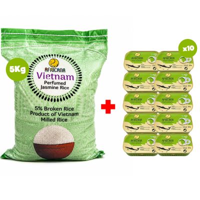 Pack AFRICANA : Riz Parfumé 5 kg + 10 Sardines Pimentées (125g x 10)