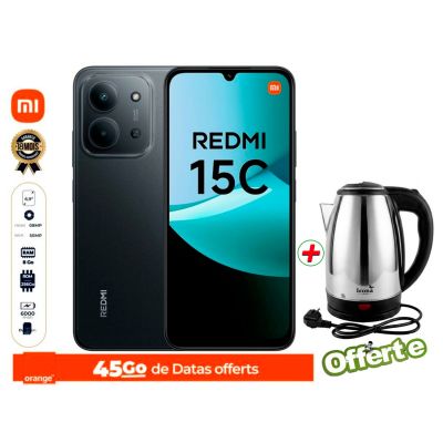 Xiaomi Redmi 15C – 256 Go – 8Go RAM + 8 Go extensible - 6.9" – 50MP/8MP – 6000mAh – Garantie 18 mois + 45 Go de data Orange offerts + Bouilloire Électrique 2 Litres - ICONA