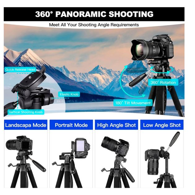 Trépied Voyage Fotopro 200cm Aluminium - Léger Avec Rotule 360° Et Support Smartphone