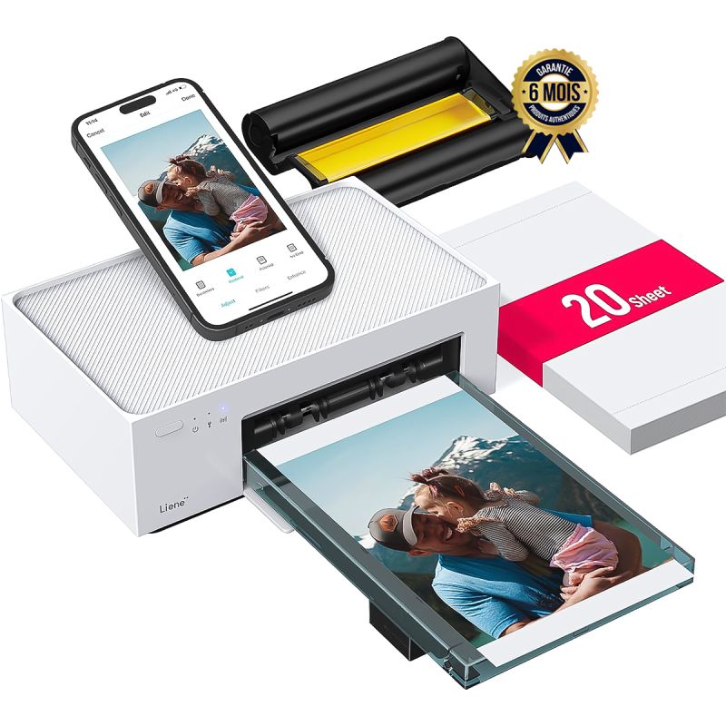  Imprimante photo couleur Wi-Fi - 4 x 6 pouces - 20 feuilles - Pour smartphone, ordinateur, sublimation thermique - 6 Mois
