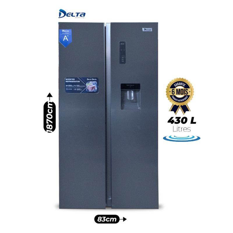  Réfrigérateur Américain DELTA 430 Litres, gris, avec distributeur d'eau et écran LED, vendu sur Glotelho.