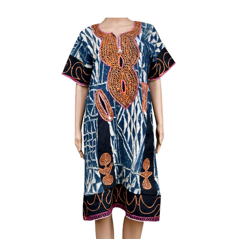 Robe mi-longue traditionnelle à manches courtes en Thogu et Ndop - XL