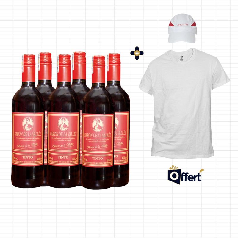 Carton de 6 bouteilles de Baron de la vallée Tinto rouge moelleux semi sucré - 75cl - 11% + T-shirt et casquette offerts | Glotelho Cameroun