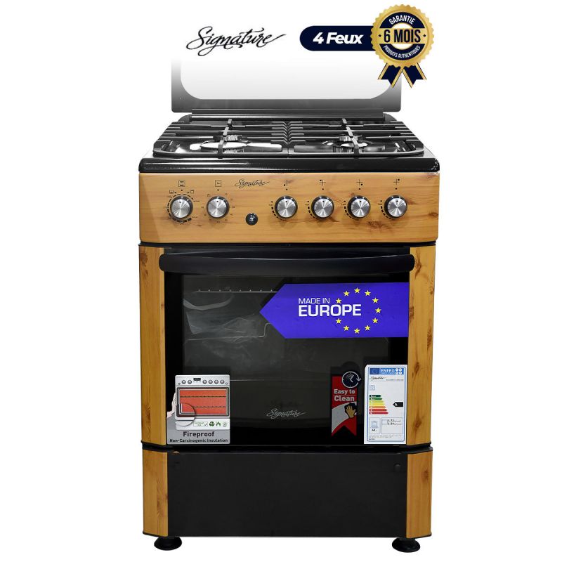 Cuisinière à gaz Signature  - SG-CUI-6601G-IXWD-ARC - 4 Feux -  60 x 60  - Inox - Noir / Bois  - Garantie 06 Mois 