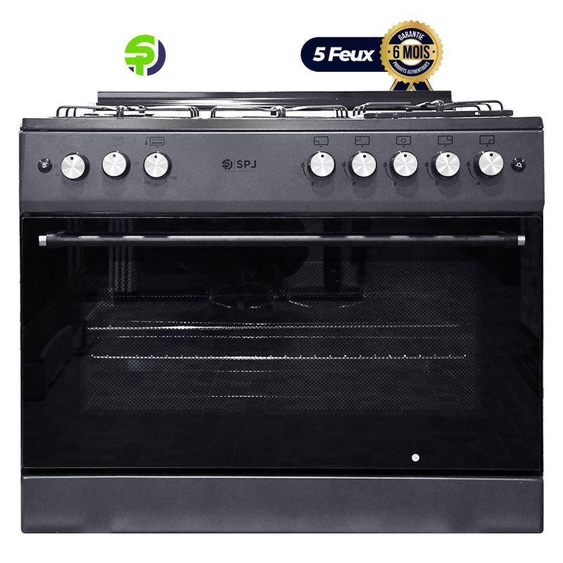 Cuisinière a Gaz - 5 feux - SPJ - FSG906-PG - 90 x 60 cm - Grand four grill - Noir - 6 Mois  |Glotelho Cameroun