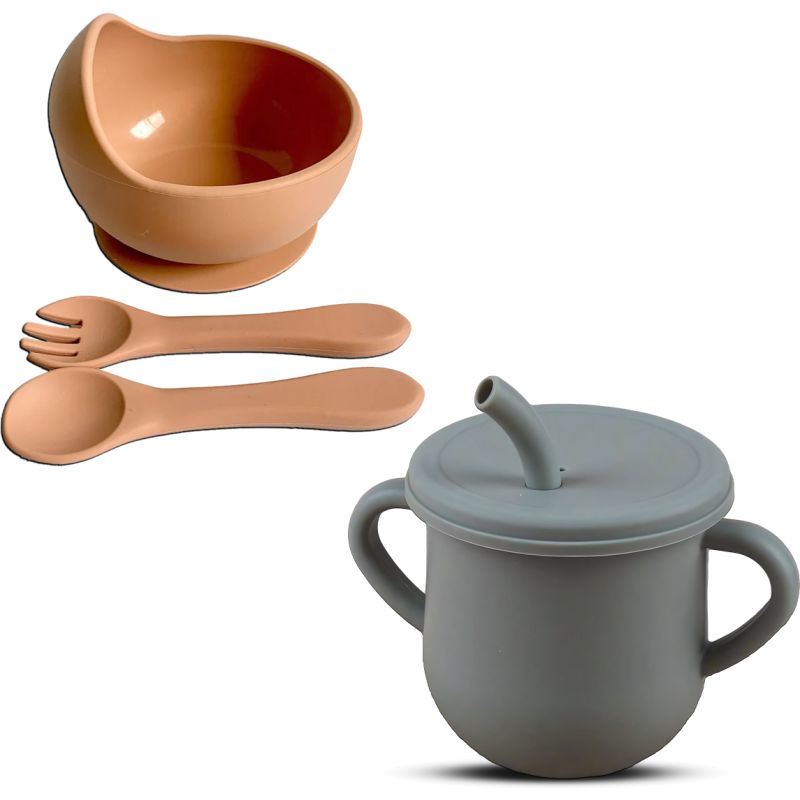 Ensemble d'alimentation pour bébé en silicone 4 pièces - Assiettes à ventouse - Tasse - Cuillère - Fourchette - Passe au micro-ondes