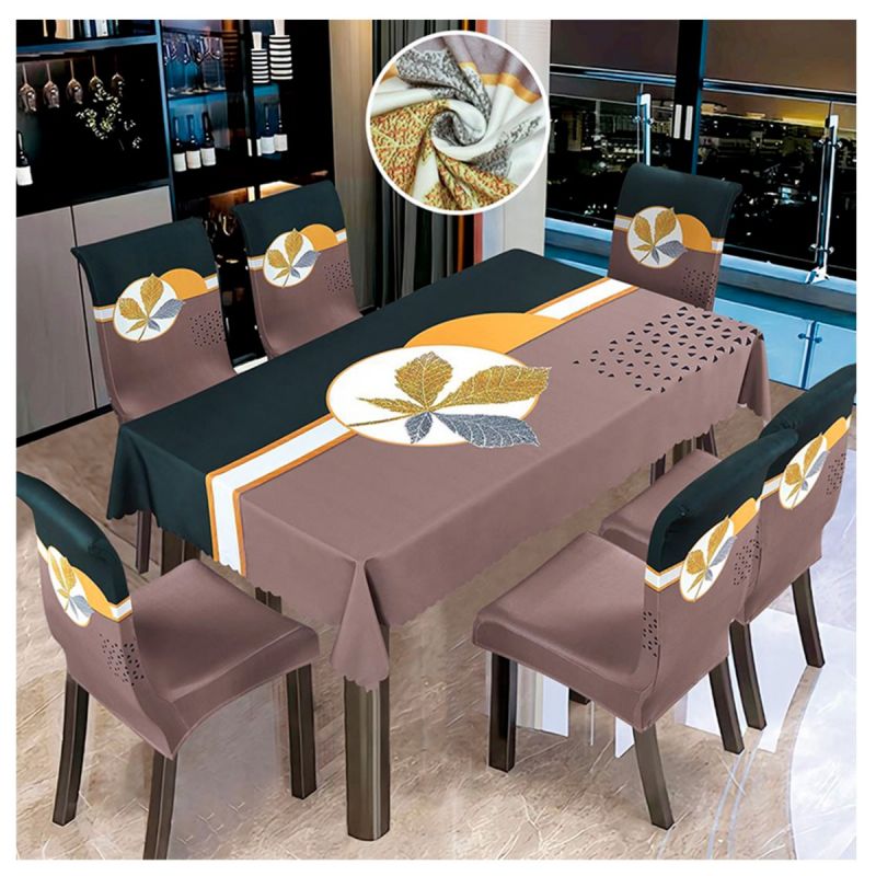 Ensemble de 6 housses de chaises + une nappe de table de salle à manger en polyester - 152cm × 228cm - Vert/Marron
