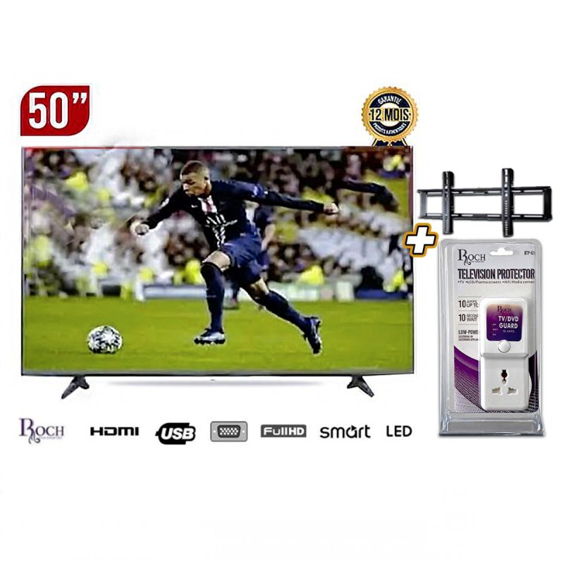 TV Smart ROCH 50 pouces - RH-LE50DSA - Full HD - Android + Support Murale Noir + Protecteur de télévision Roch - 10 Ampères