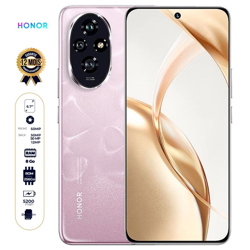Honor 200 - 256 Go - 8 Go RAM - 6,7’’ - Double Nano SIM - 50MP + 50MP + 12MP / 50 MP - 5200 mAh - Garantie 12 mois