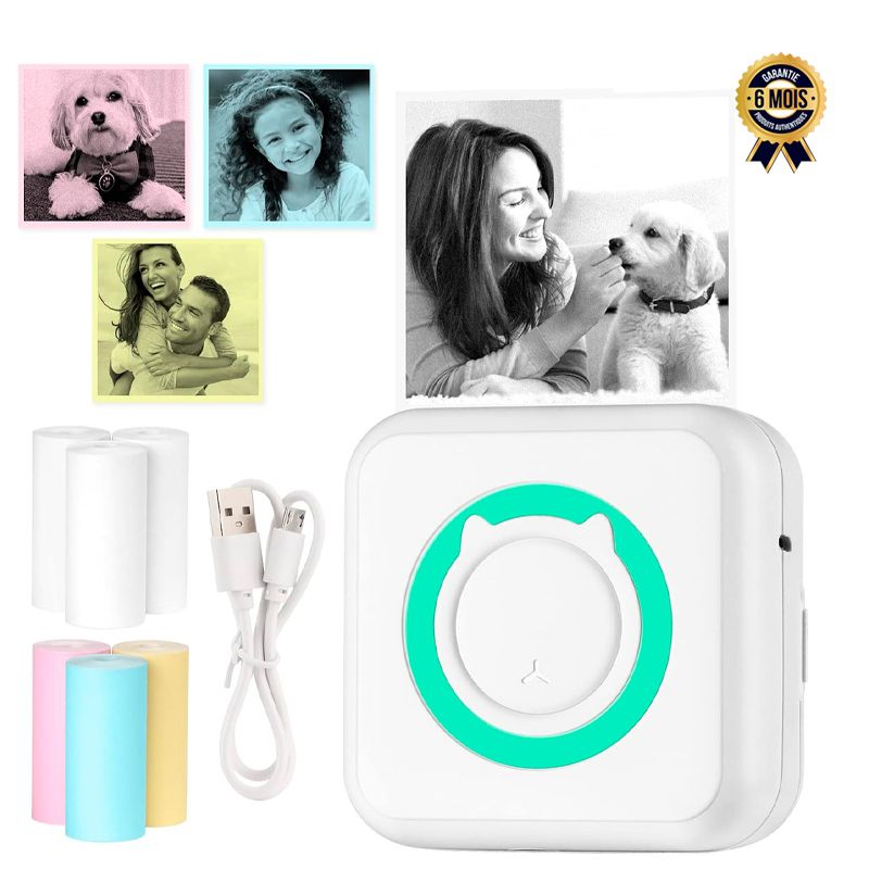 Imprimante portable sans fil thermique - Bluetooth - 6 rouleaux de papier d'impression - Compatible avec smartphone Android iOS - 6 Mois