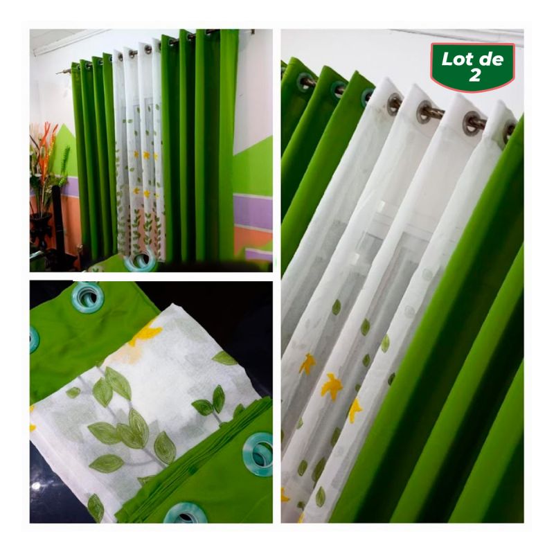 Lot de 2 rideaux occultants (lourds) et voile transparent - Vert-Blanc
