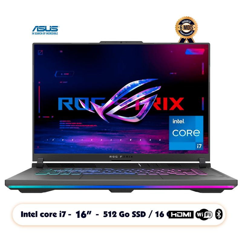 Ordinateur portable ASUS - 512Go SSD - 16Go DDR5 - ROG Strix G16 (2023) - Intel Core i7-13650HX - GeForce RTX 4060 ‎6 Go - Ecran 16” - Windows 11 - Qwerty - Garantie 06 mois