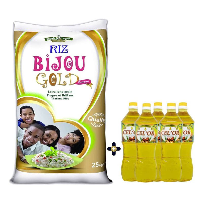 Pack Riz Bijou Gold 25 Kg + 5 Bouteilles Huile Extra Raffinée Cel'or | Glotelho Cameroun