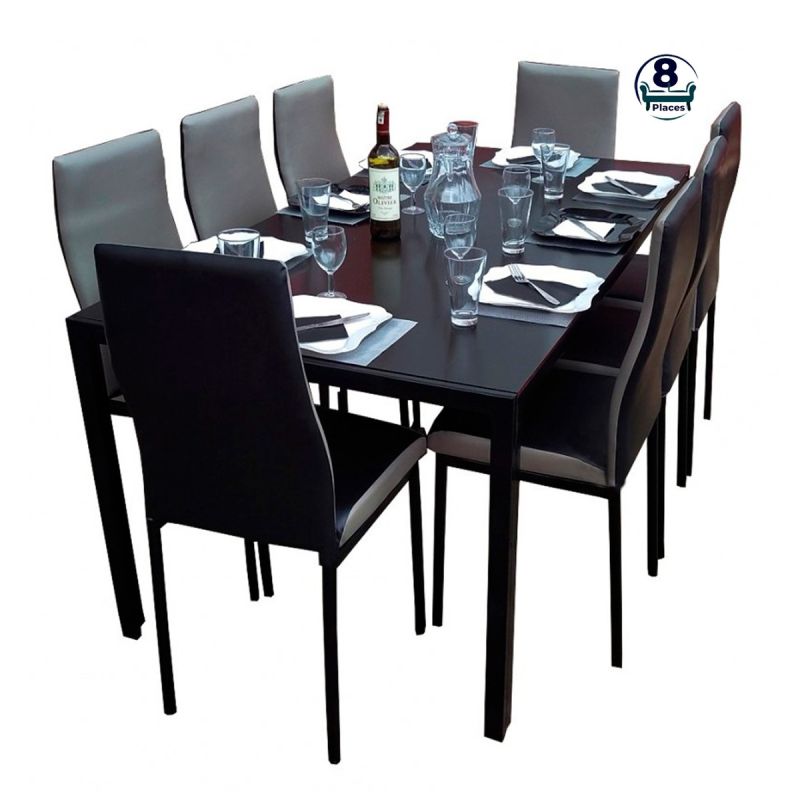 Salle à Manger - Contemporaine 08 Places - 8BGB - Verre/Métal - Noir/Gris | Glotelho Cameroun