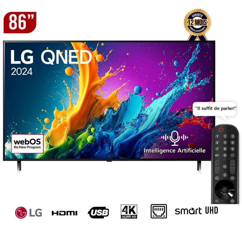 SMART TV LG QNED - 86 POUCES - 4K UHD- 86QNED80T6B - Télécommande Magique IA - prix Cameroun