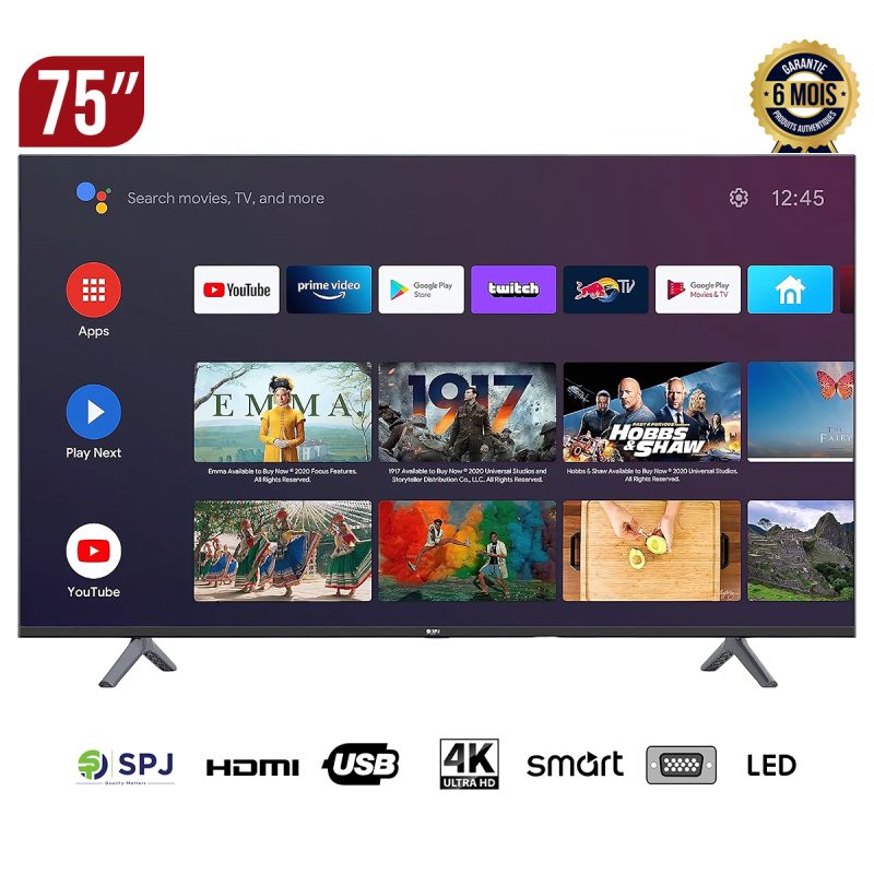 SMART TV SPJ - 75 pouces - 4KS75BL4200V - 4K- Android - Chrome CAST intégré - Garantie 06 Mois