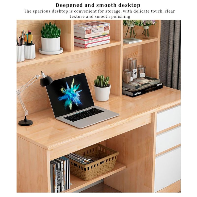 Table de travail moderne pour PC avec étagère et tiroirs en Bois Massif - Marron/Blanc