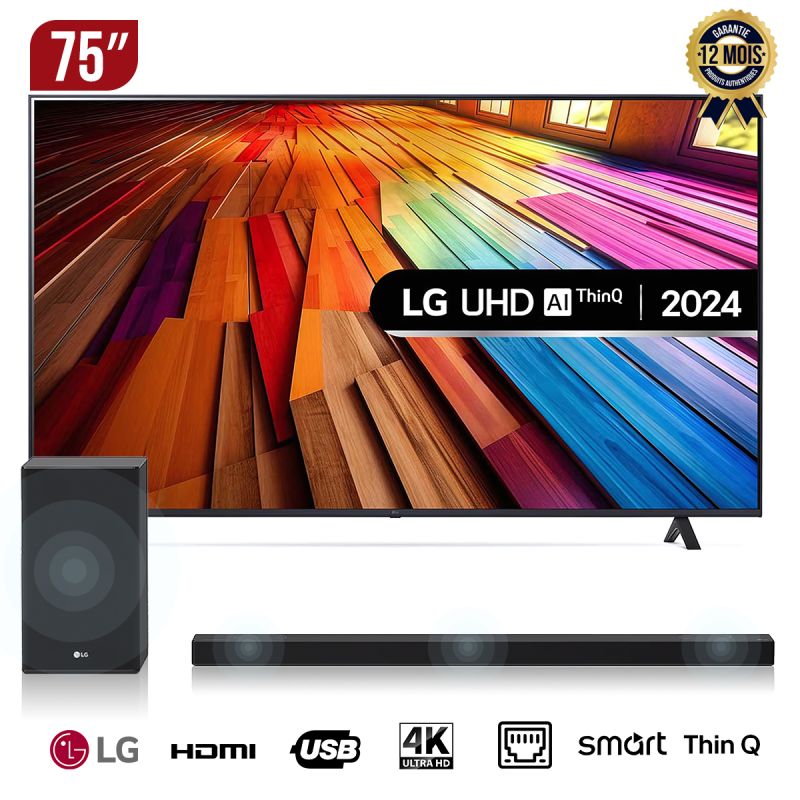 TV Smart LG 75'' - UHD AI  + Barre de son LG - 300 W 