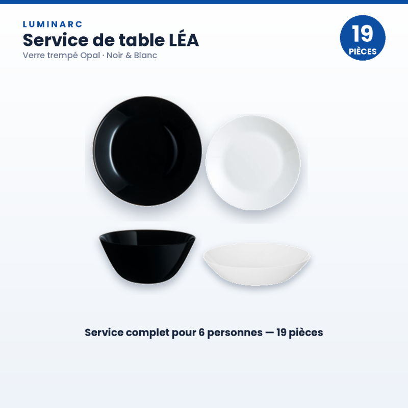 Service de Table 19 Pièces en Verre Opale - LUMINARC (V8563) - 6 Assiettes Plates + 6 Assiettes Creuses + 6 Assiettes à Dessert + 1 Grand Saladier - Design Bicolore Noir et Blanc