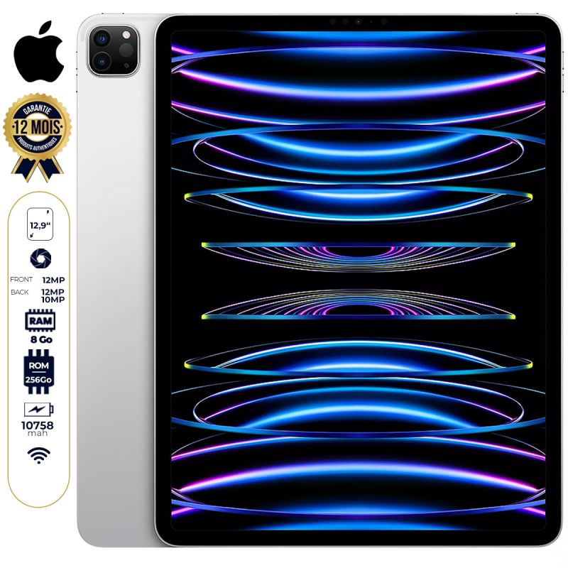 Apple iPad Pro  12.9'' (2022) - 256 Go - 8 Go RAM - wifi + Cellulaire - 6e génération - Apple M2 - 12 MP+10 MP/12 MP - 10758 mAh - Garantie 12 mois