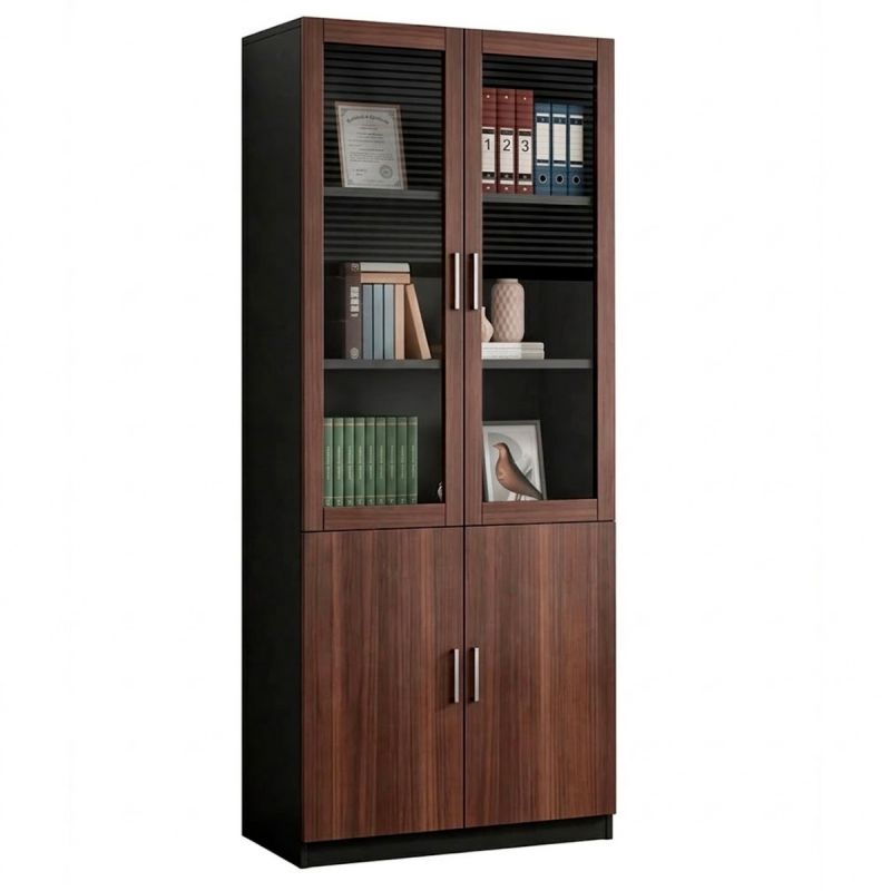 Armoire de Bureau à Portes Vitrées - 4 Portes (2 Vitrées + 2 Pleines) - Étagères de Rangement - Marron Effet Bois - Neuf