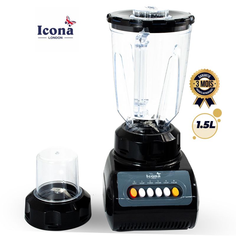 Blender 2-en-1 ICONA LONDON 300W - ILB-550T - Mixeur 1,5L avec Moulin à Épices Inclus - 4 Vitesses + Fonction Pulse - Lames Inox - Bols Plastique - Noir/Bleu - Garantie 3 mois