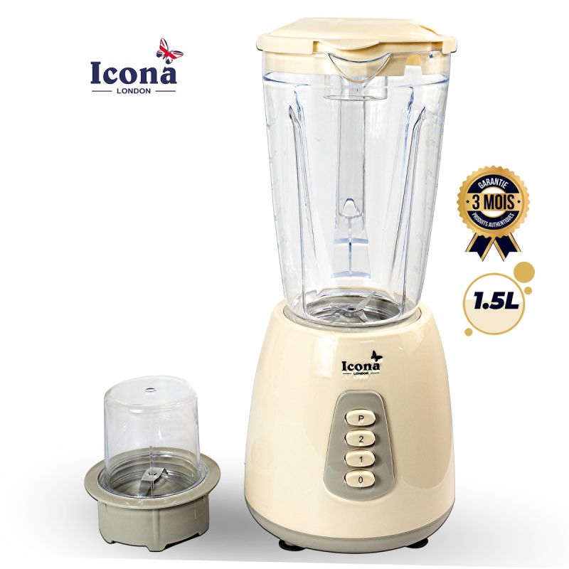 Blender 2-en-1 ICONA LONDON 300W -  ILB-800T - Mixeur 1,5L avec Moulin à Épices Inclus - 2 Vitesses + Fonction Pulse - Lames Inox - Bols Plastique - Blanc/Crème - Garantie 3 mois