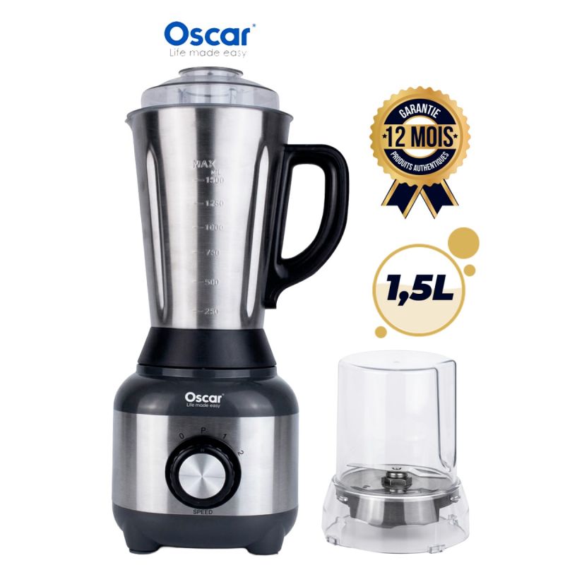 Blender 2 en 1 - OSCAR - OSC-36PS-D - 600W - Bol en Acier Inoxydable 1.5L - Moulin Incassable - Pile la Glace - 2 Vitesses & Pulse - Noir/Inox - Garantie 03 mois