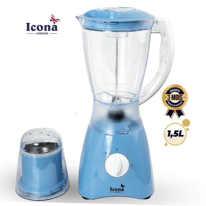 Blender Électrique 2-en-1 ICONA LONDON 300W - ILB-700T - Mixeur 1,5l  avec Moulin à Épices Inclus - 2 Vitesses + Fonction Pulse - Lames Inox - Bols Plastique - Protection Contre la Surchauffe - Bleu - Garantie 3 mois