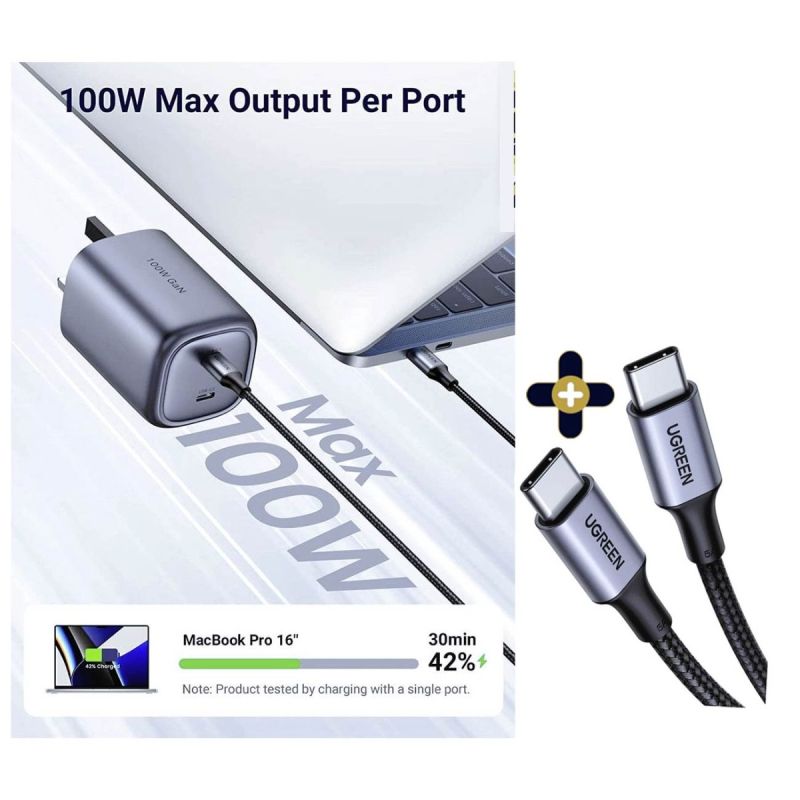 Boitier Chargeur UGREEN 100W + Câble UGREEN - 2M - Tressé - 100W  |Glotelho Cameroun