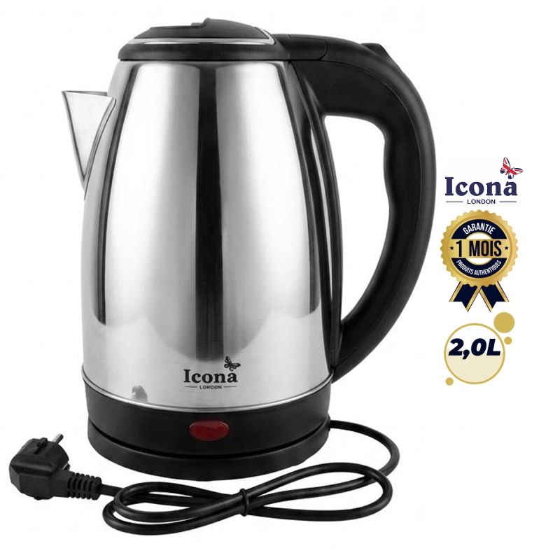 Bouilloire Électrique 2 L - ICONA LONDON, en Inox, base 360°, poignée ergonomique en plastique, garantie 1 mois, prix Cameroun. 