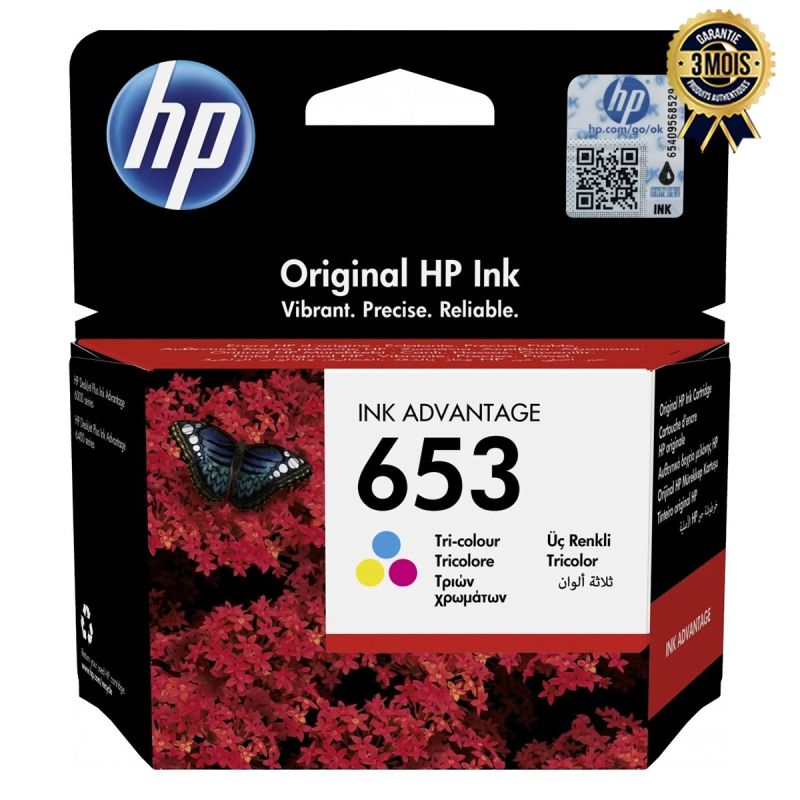 Cartouche d'encre Couleur – HP 653 Tri-color – Originale Ink Advantage – Tricolore (C/M/J) –  Rendement ~200 pages – Pour DeskJet Ink Advantage 6075 / 6475 & séries 2800/4200